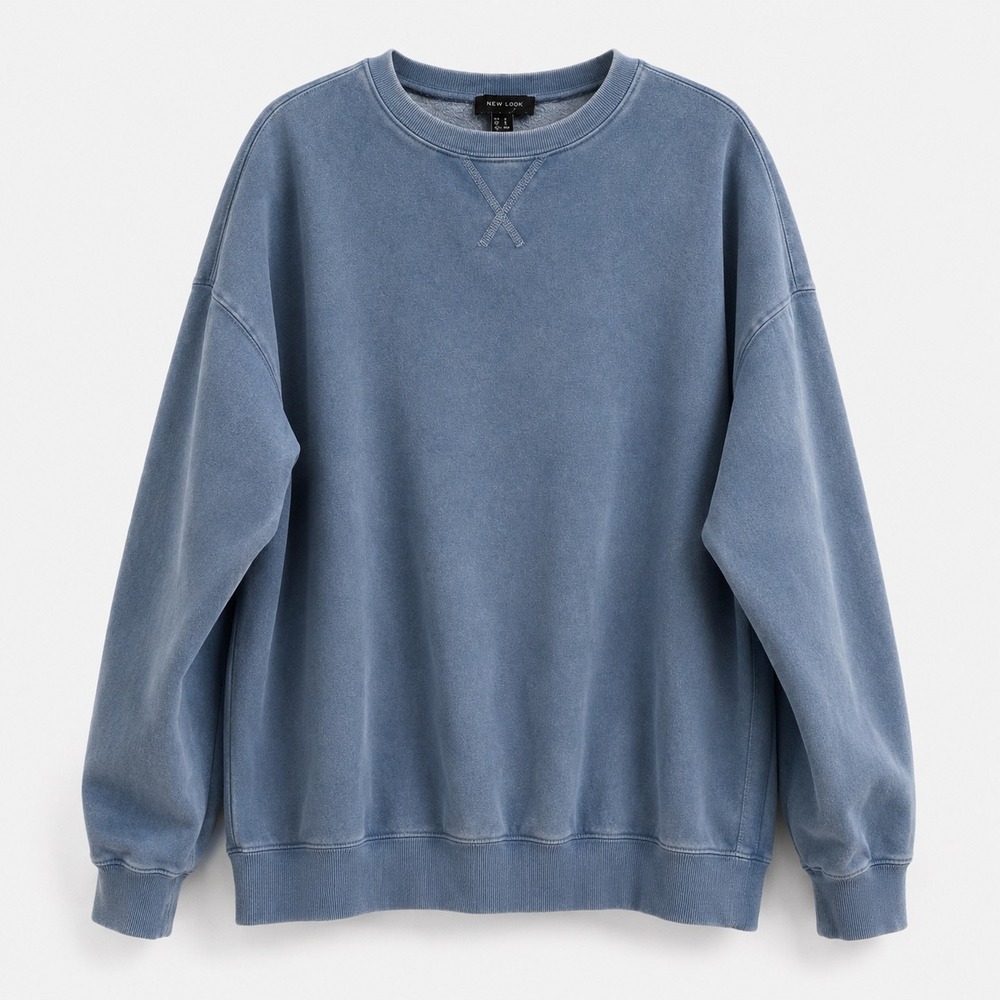 New Look Blue Acid Wash Sweatshirt Mens Large L Crewneck Oversized Vintage Style
